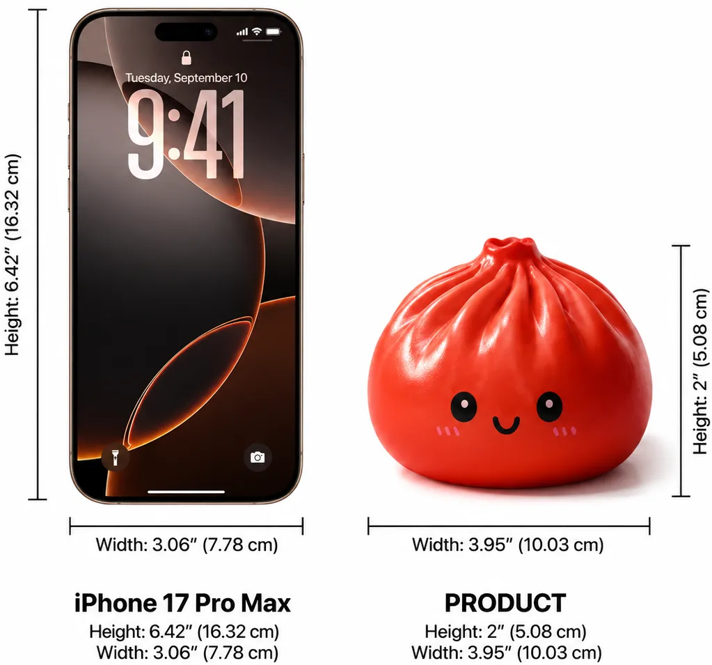 Size comparison: iPhone 17 Pro Max next to a Mystery Dumpling Squishy