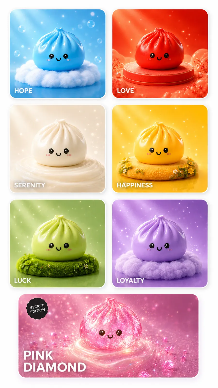 Meet the Squishy Labs Collection โ Hope, Love, Serenity, Happiness, Luck, Loyalty, and the rare Pink Diamond